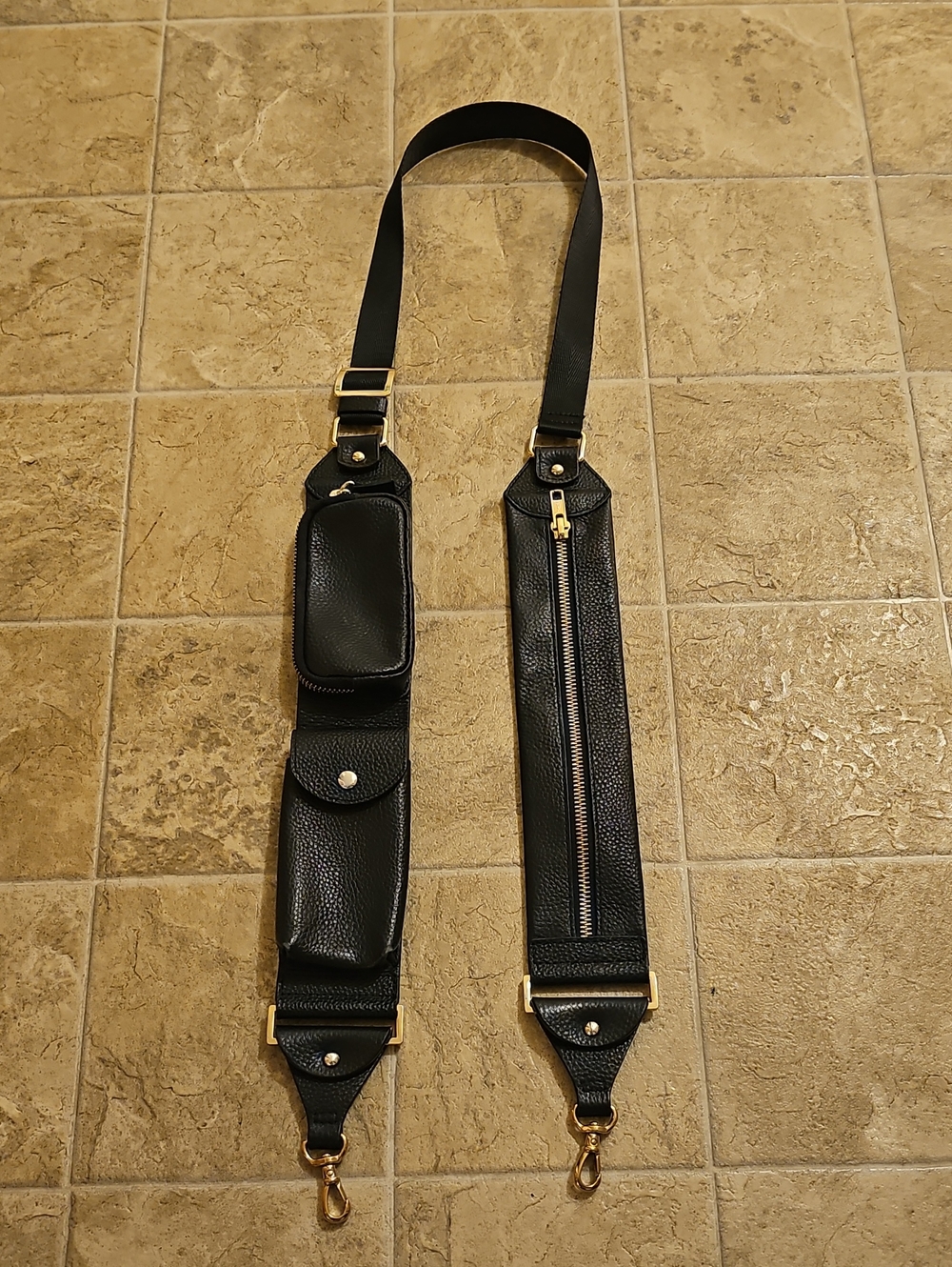 Black Leather Crossbody Strap with Multiple Pockets